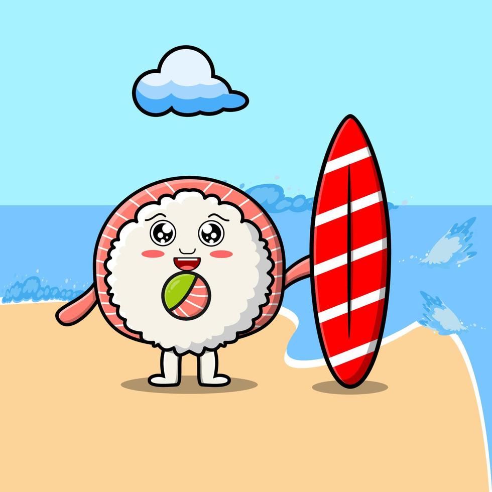 cartoon rice sushi rolls sashimi playing surfing vector