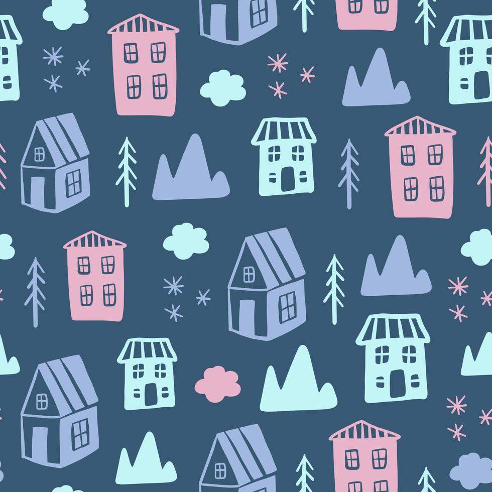 Doodle houses winter landscape seamless pattern vector