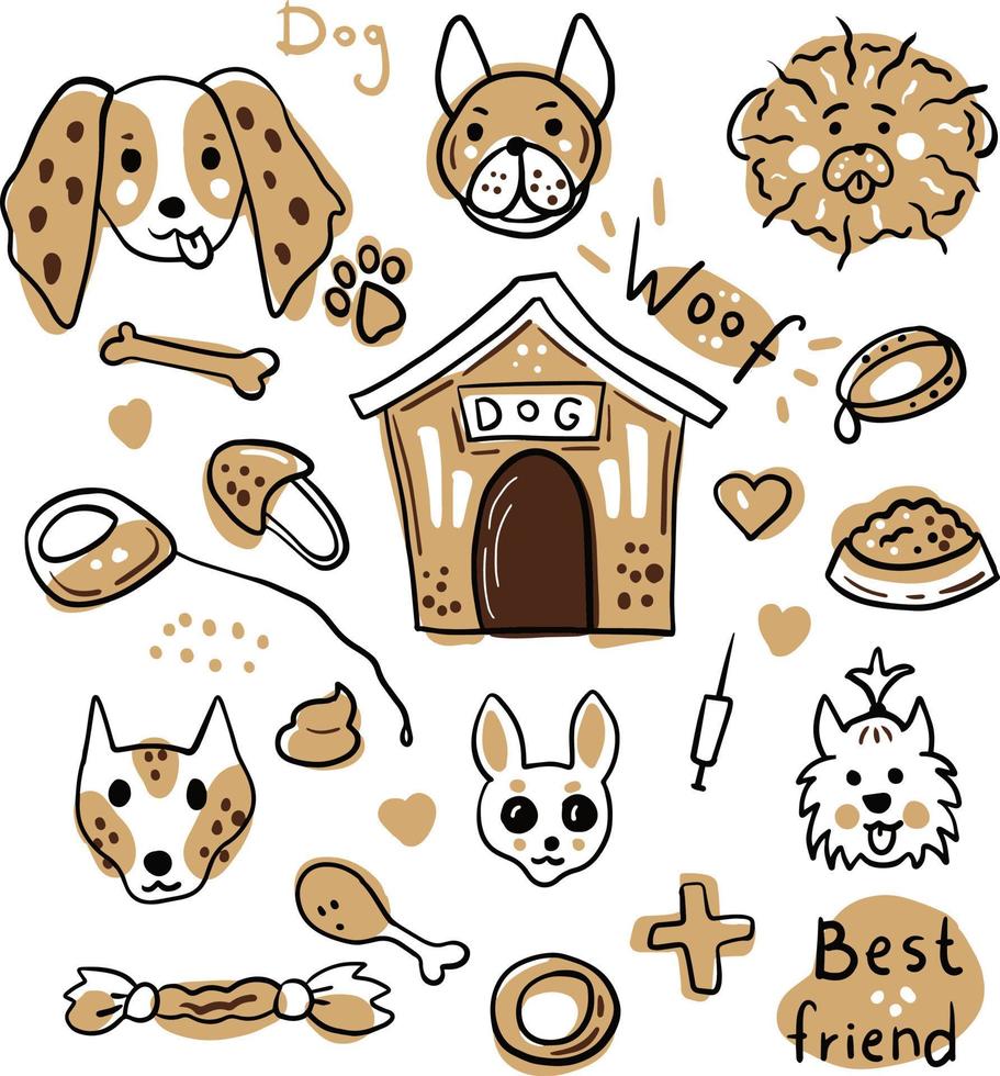 Dog doodle elements set cute vector illustration