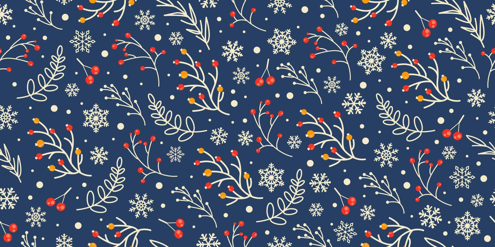 Winter Seamless vector Pattern with branches, leaves, Berries and snowflakes. Christmas design for greeting cards, wrapping papers, wallpaper, fabric prints. Merry Christmas, Happy New Year.