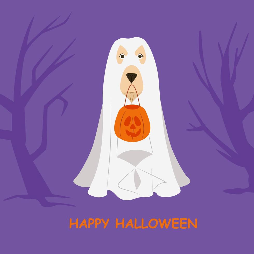 Dog in ghost costume with Halloween bucket vector illustration. Cute spooky ghost dog. Trick or Treat fun background. Happy Halloween card design