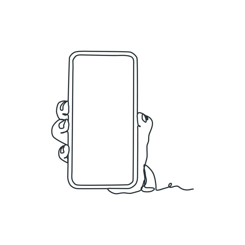 continuous line drawing of person holding smartphone, hand holding smartphone vector