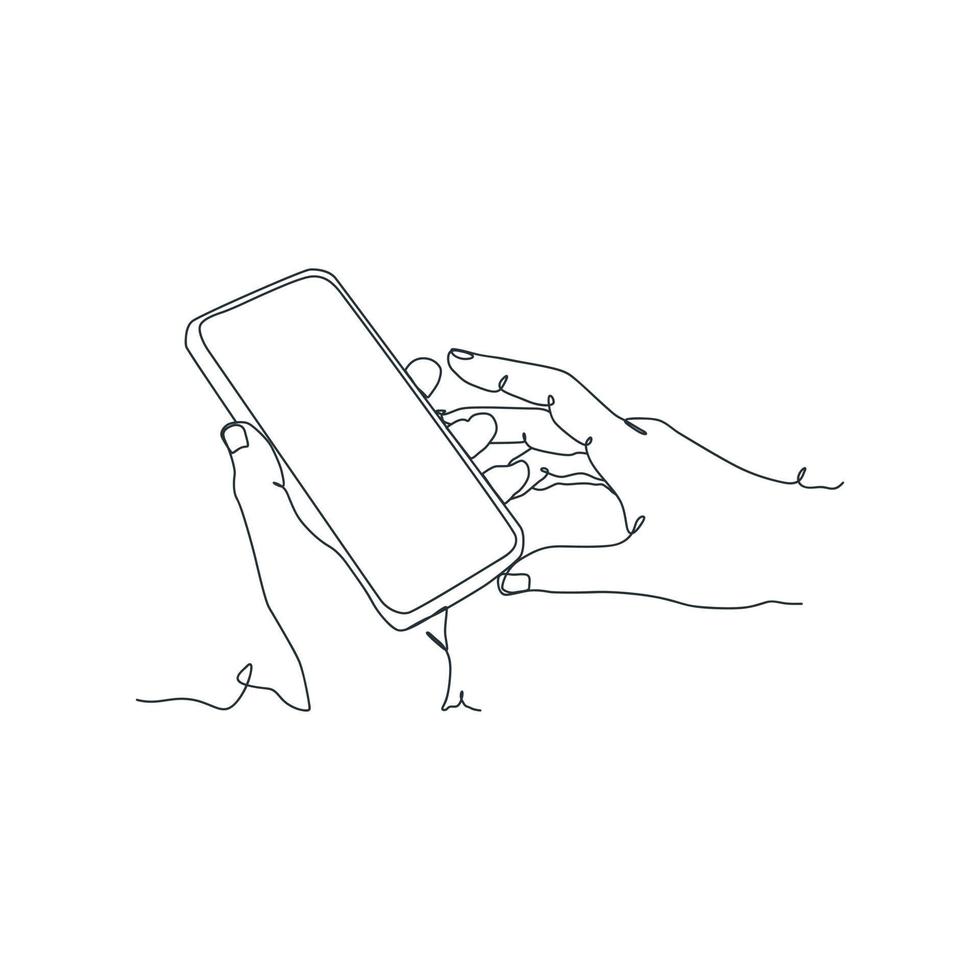 continuous line drawing of person holding smartphone, hand holding smartphone vector