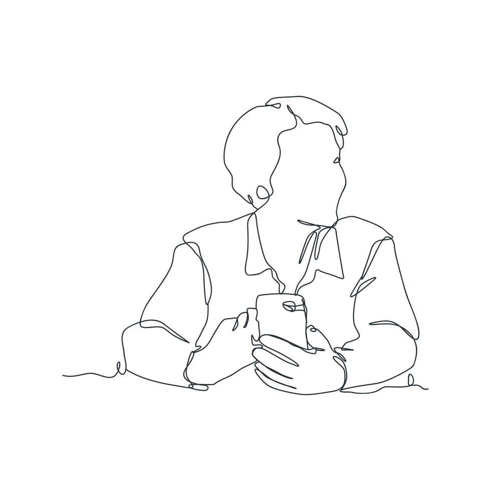 continuous line drawing of person holding smartphone, hand holding smartphone vector