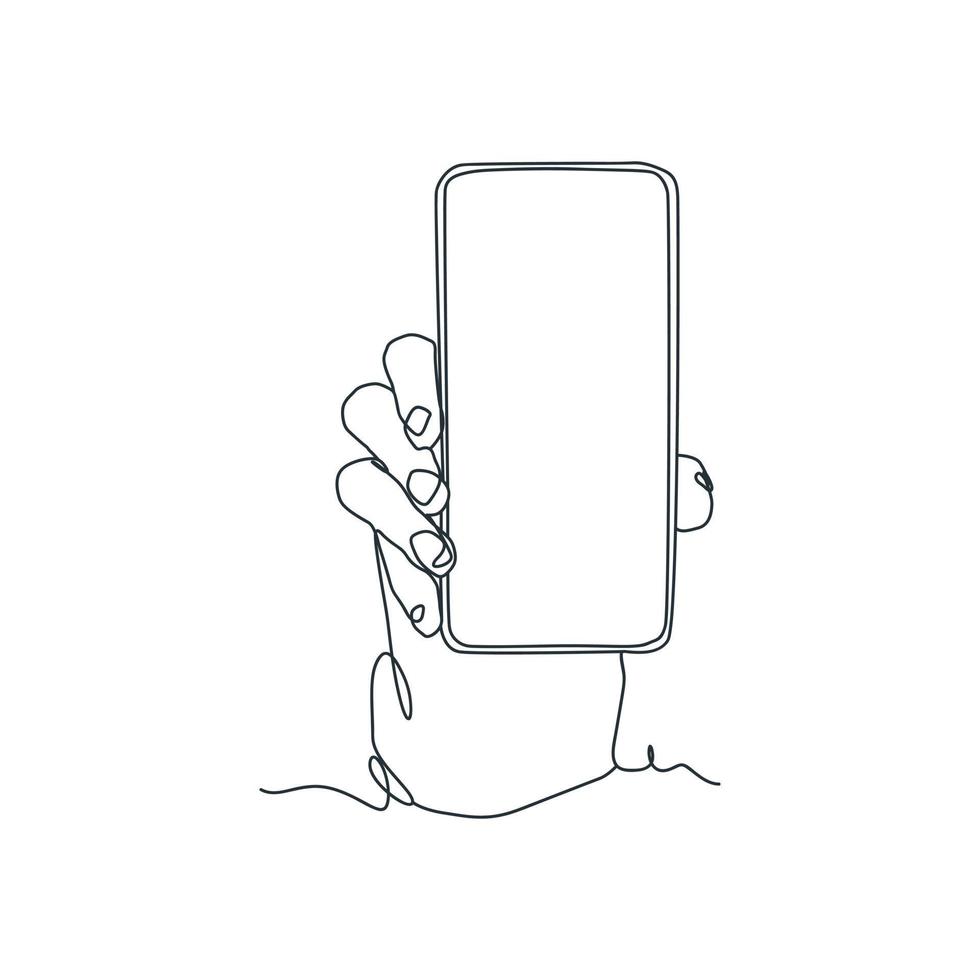 dibujo de línea continua de la persona que sostiene el teléfono inteligente, mano que sostiene el teléfono inteligente vector