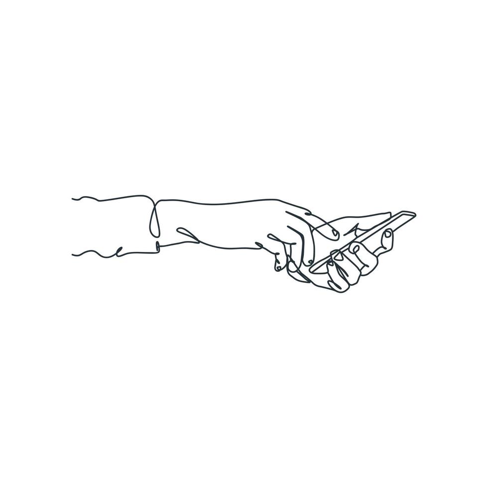 continuous line drawing of person holding smartphone, hand holding smartphone vector