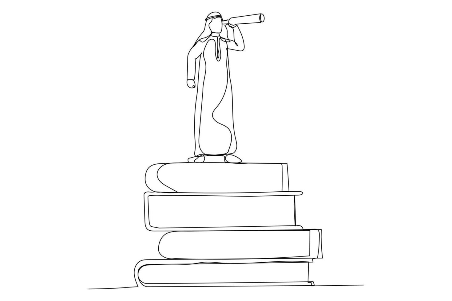 Illustration of arab businessman on books stack using telescope for good vision. Knowledge or education for personal improvement concept. One line art style vector