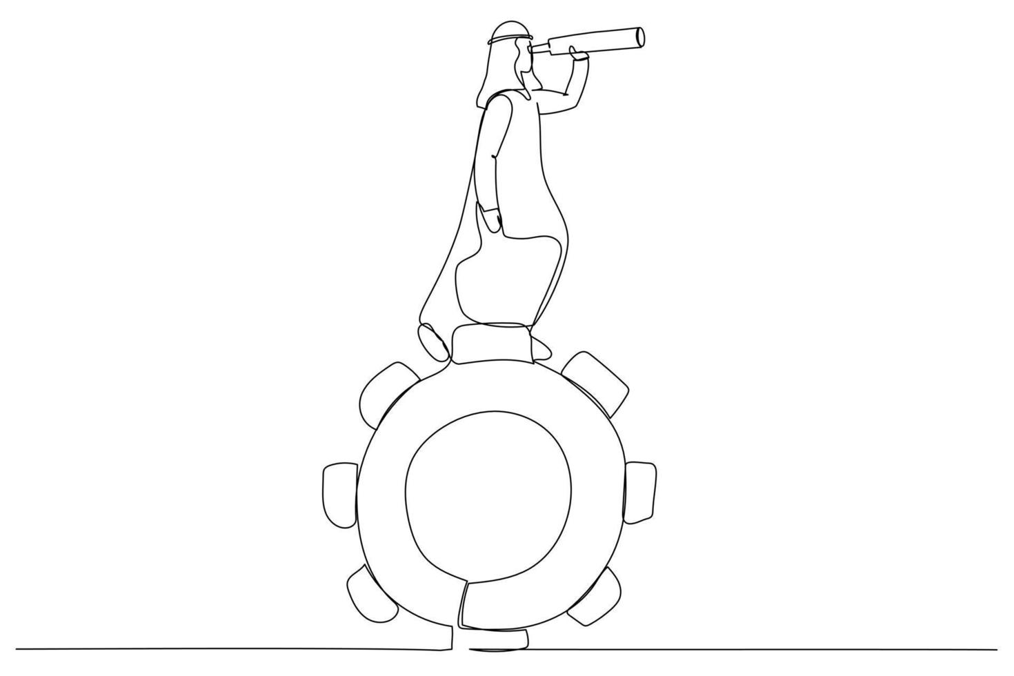 Illustration of arab businessman standing on gears looks through a telescope.. One line art style vector