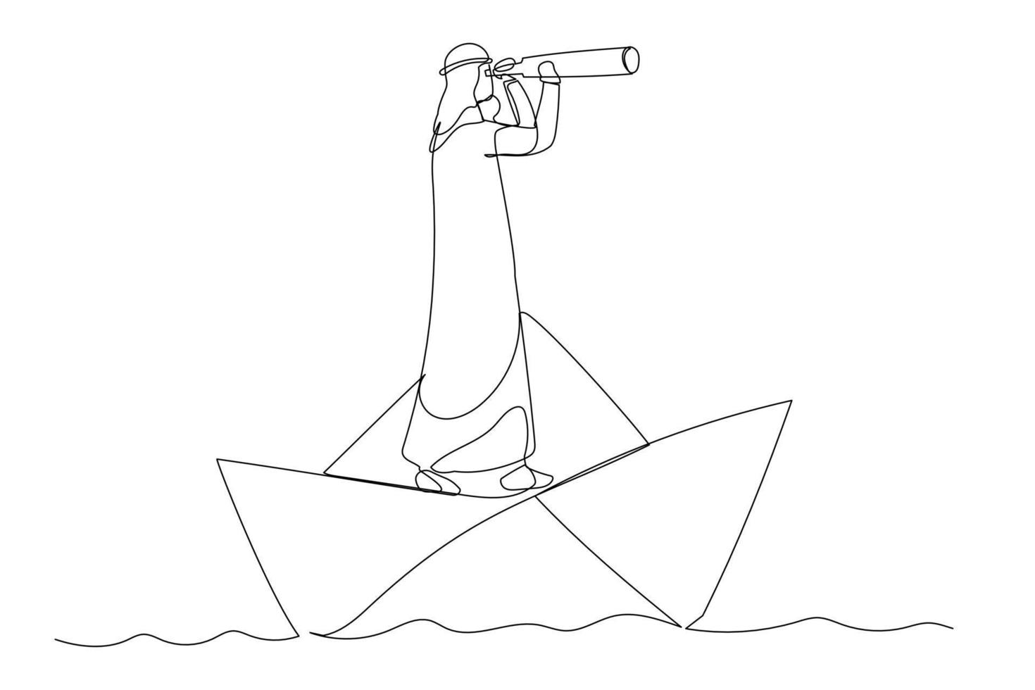 Illustration of arab businessman looks through a telescope standing on paper boat vector, business concept illustration. One continuous line art style vector