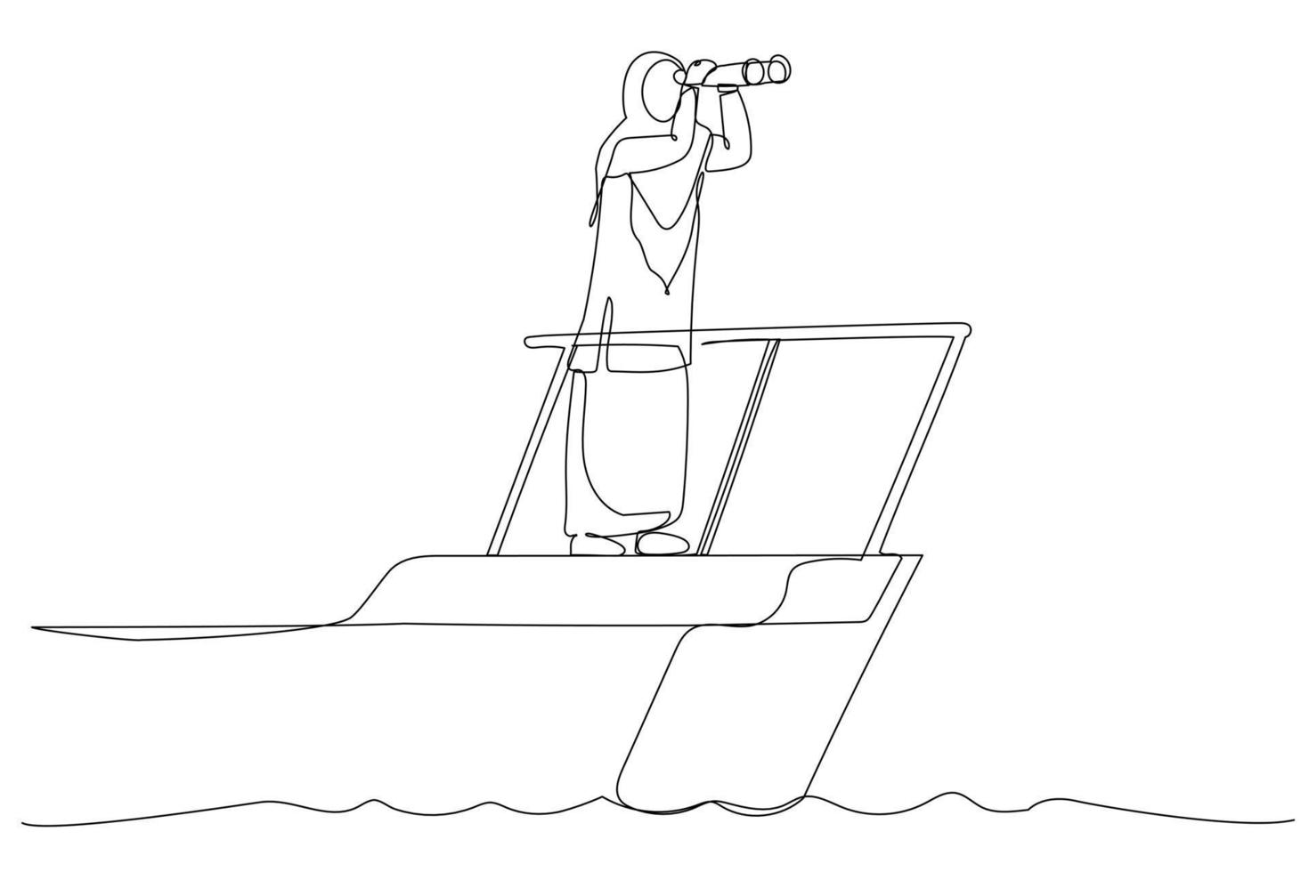 Cartoon of smart muslim businesswoman boat captain control steering wheel helm with telescope vision. Business leadership and visionary to lead company success. Continuous line art style vector