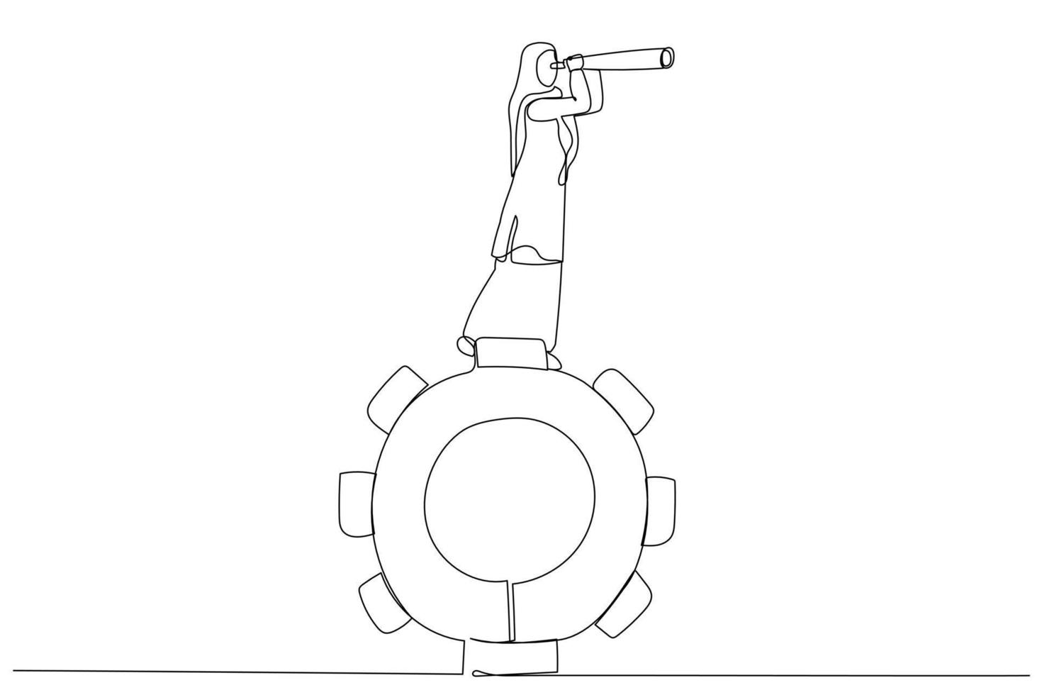 Illustration of muslim businesswoman standing on gears looks through a telescope.. One line art style vector