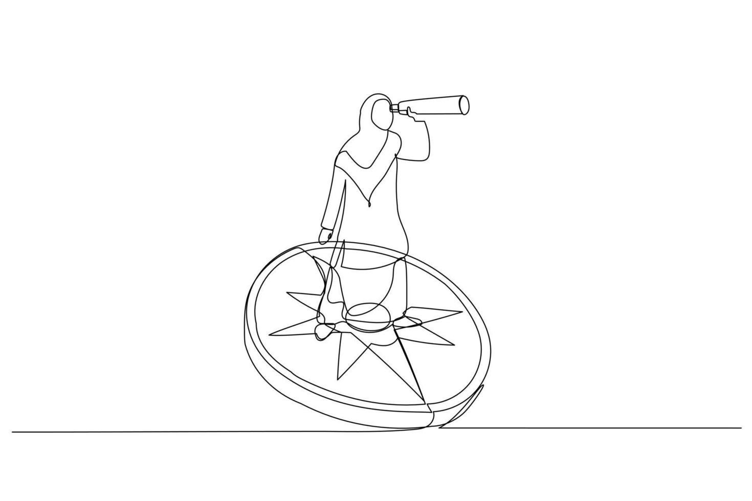 Drawing of muslim businesswoman standing on compass showing direction. Symbol of strategy, future vision. Single line art style vector