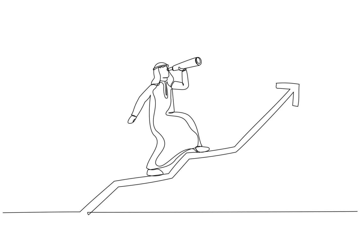 Drawing of arab businessman team manager using telescope to see future standing on top of rising arrow market graph. Investor fortune or profit growth. Single line art style vector