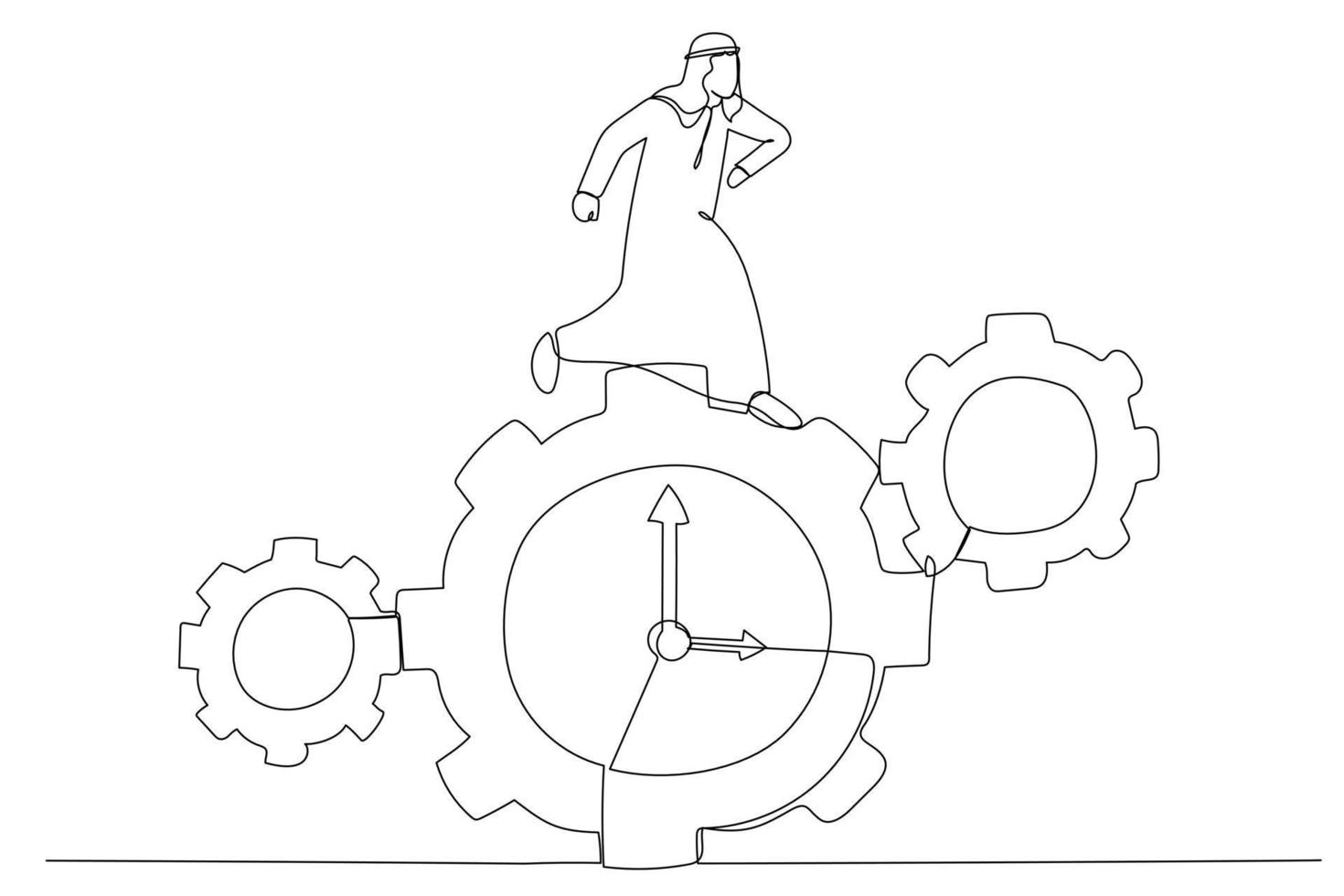Illustration of arab businessman run along gear in form of clock. Time control concept. One line art style vector