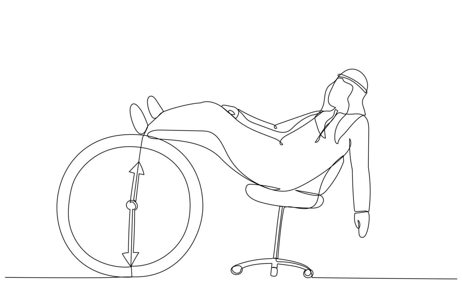 Cartoon of arab businessman sleeping lay down on office chair and alarm clock covered his face with book. Afternoon slump, laziness metaphor. Single continuous line art vector