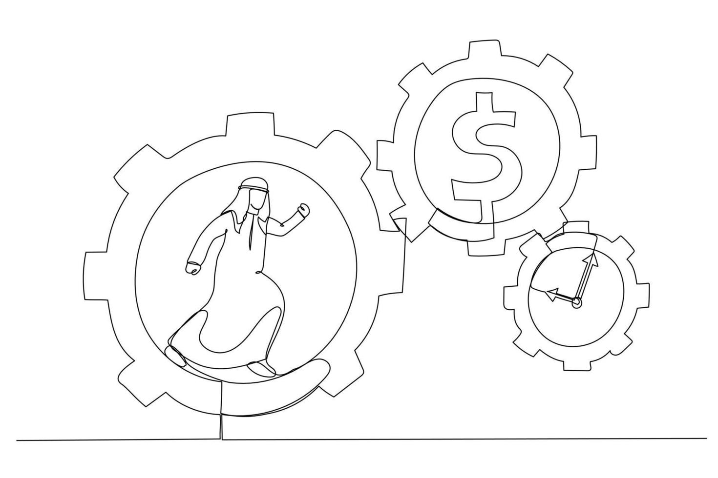Drawing of arab businessman running with full effort inside gear cogs. Effort and time resulted money concept. Single line art style vector