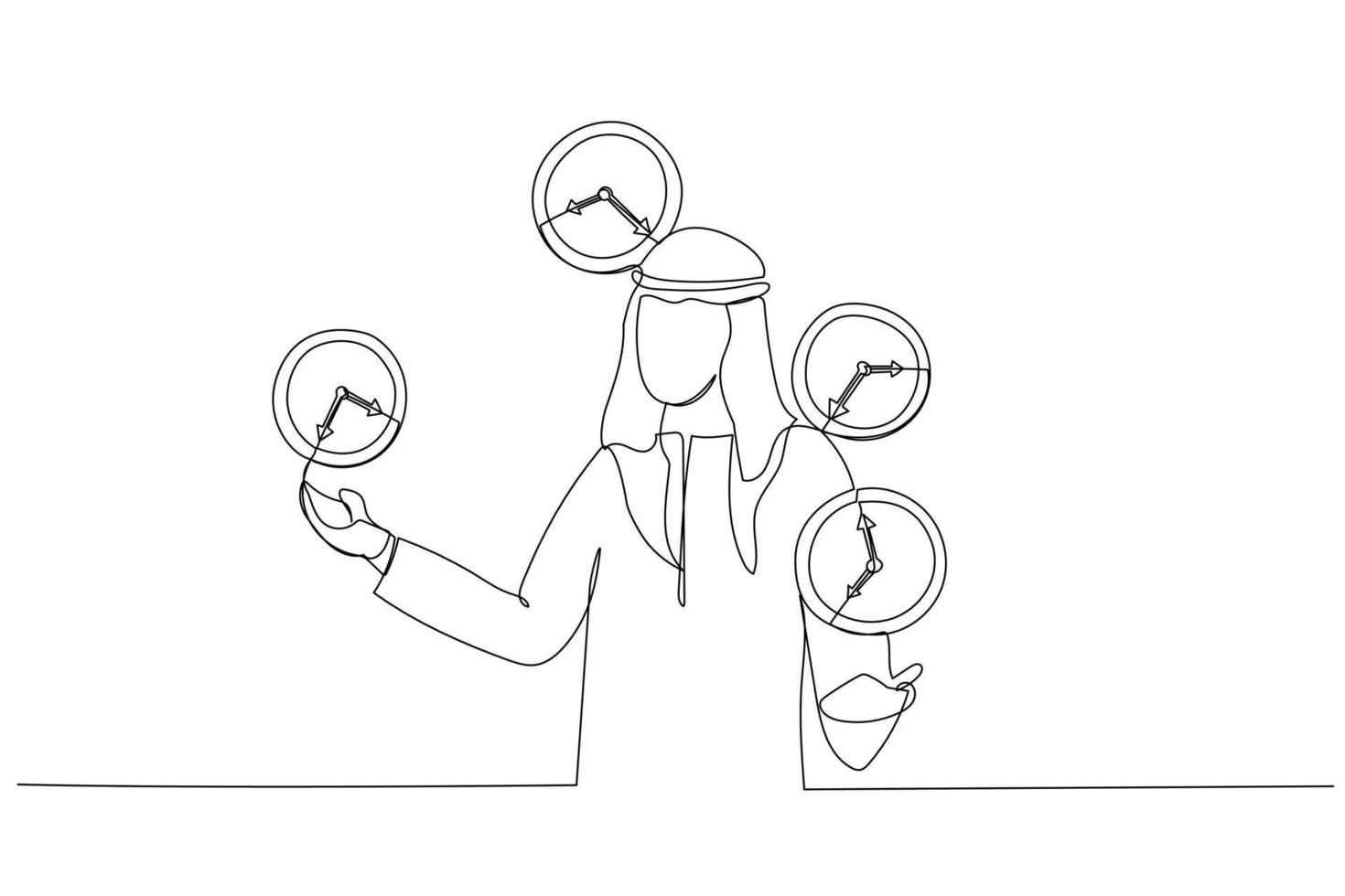 Illustration of arab business man successfully juggling managing time . Successful time management metaphor. One line art style vector