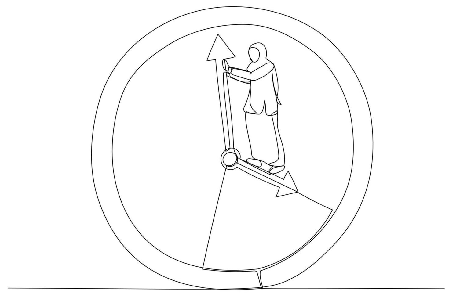 Cartoon of muslim businesswoman standing on clock hour hand manage to