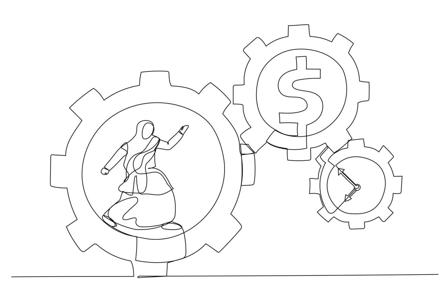 Drawing of muslim businesswoman running with full effort inside gear cogs. Effort and time resulted money concept. Single line art style vector