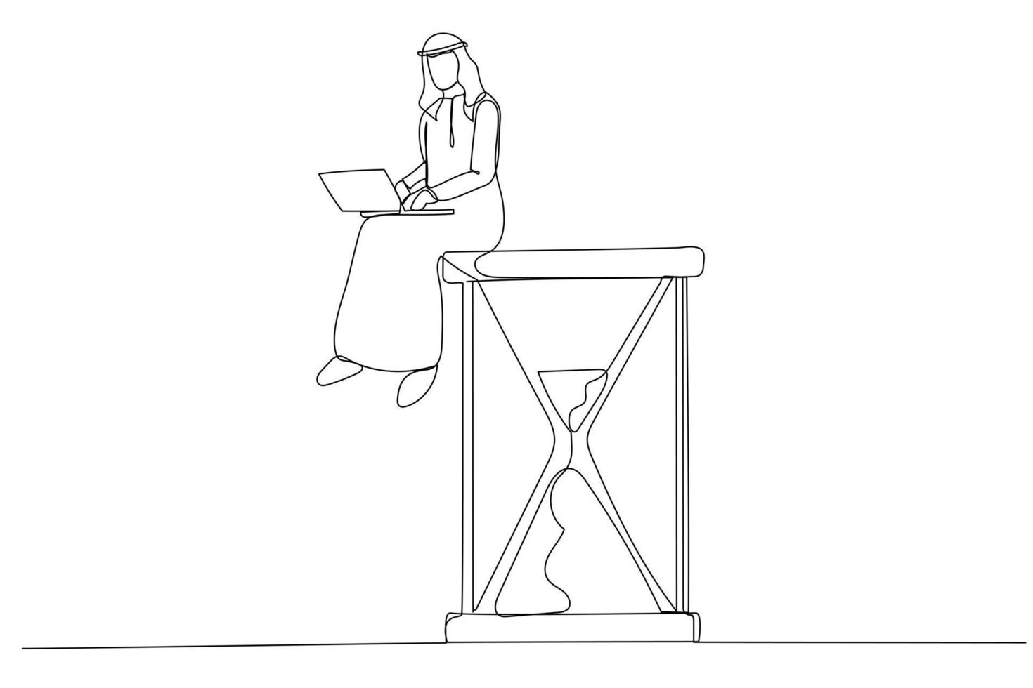 Illustration of arab businessman sitting on the hourglass with laptop legs crossed. Time management and procrastination concept. One line style art vector