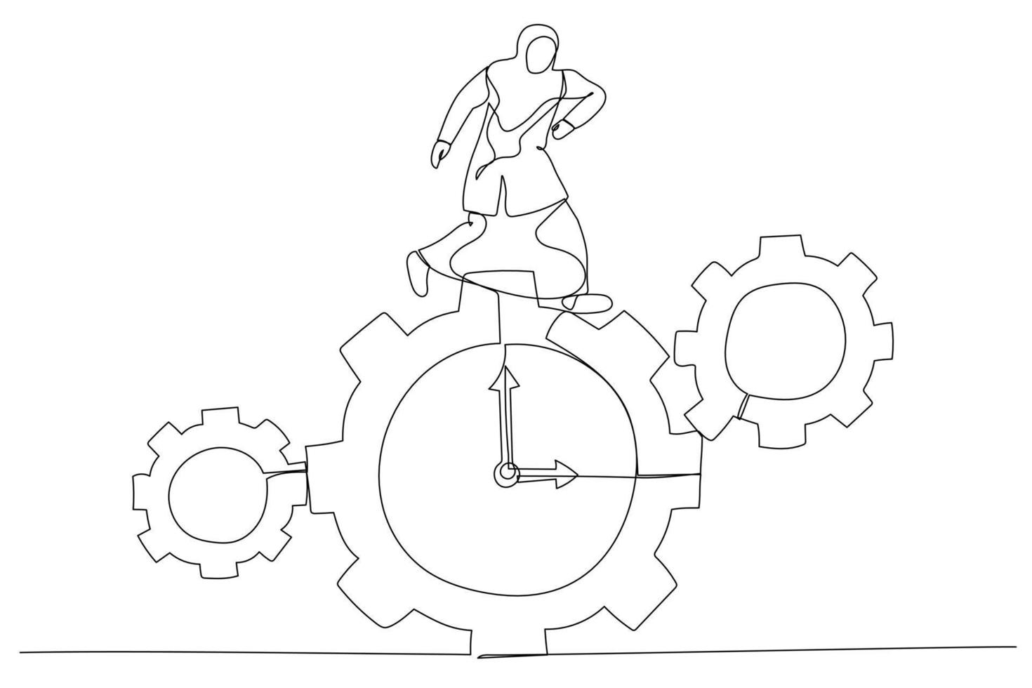 Illustration of muslim businesswoman run along gear in form of clock. Time control concept. One line art style vector