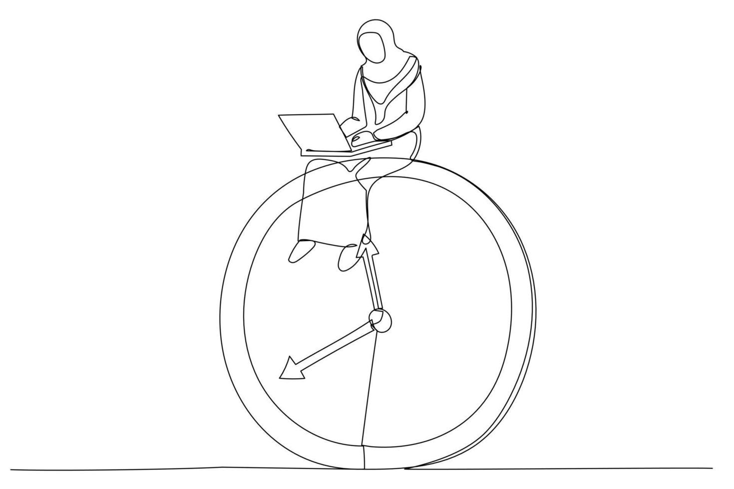Drawing of muslim businesswoman using computer laptop sitting on clock working. After hours worker, working late overtime concept. Single continuous line art vector