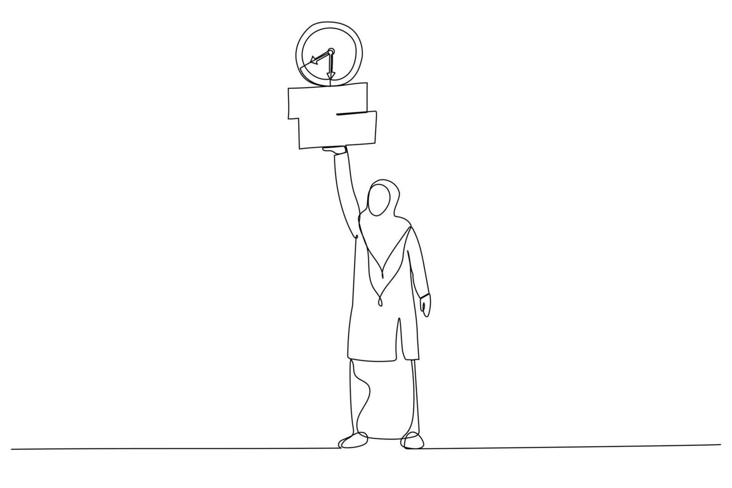 Drawing of muslim businesswoman working with laptop while carrying load of paperwork. Ability to work under pressure. Single line art style vector