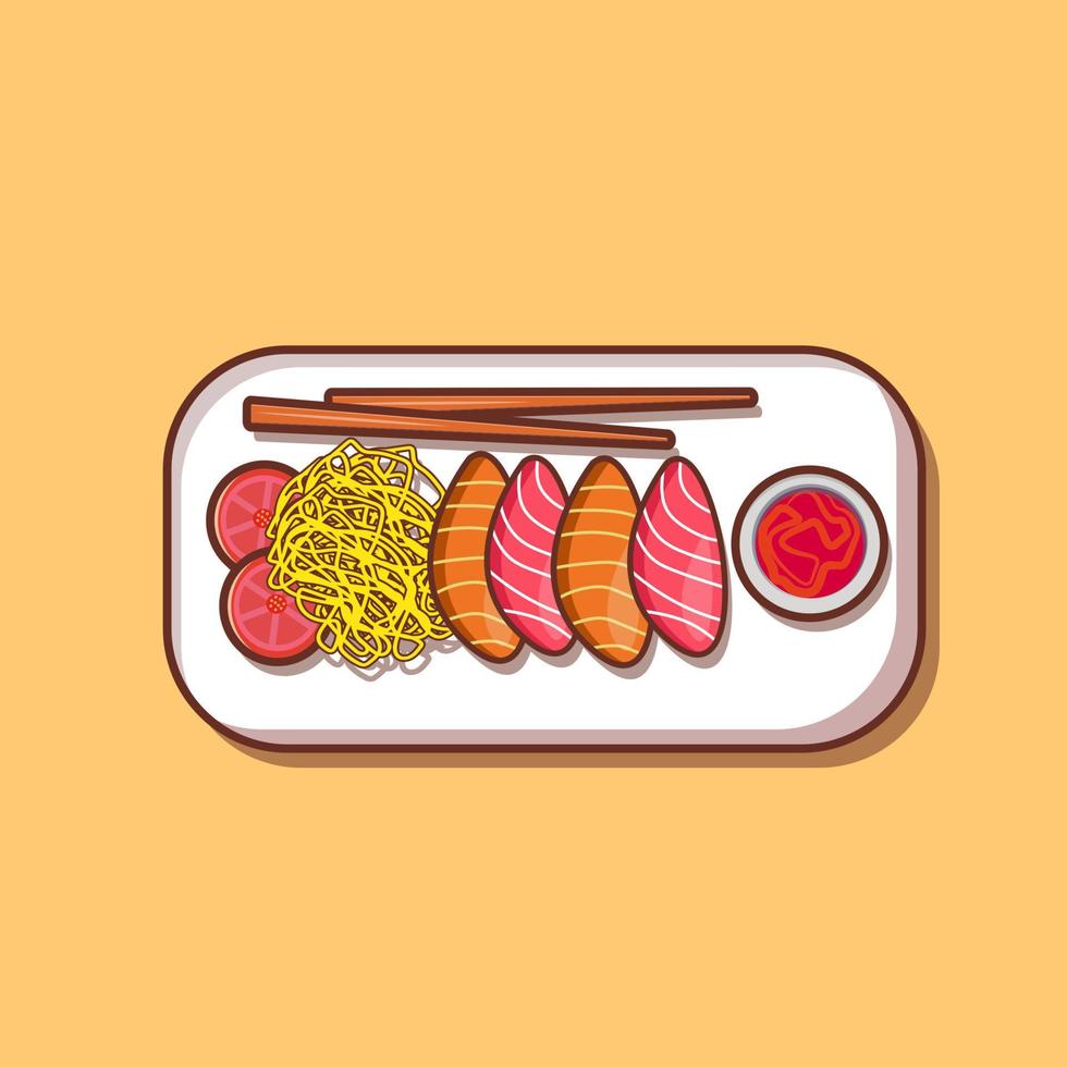 Slice of salmon, tomato, with chopsticks and noodle illustration and vector
