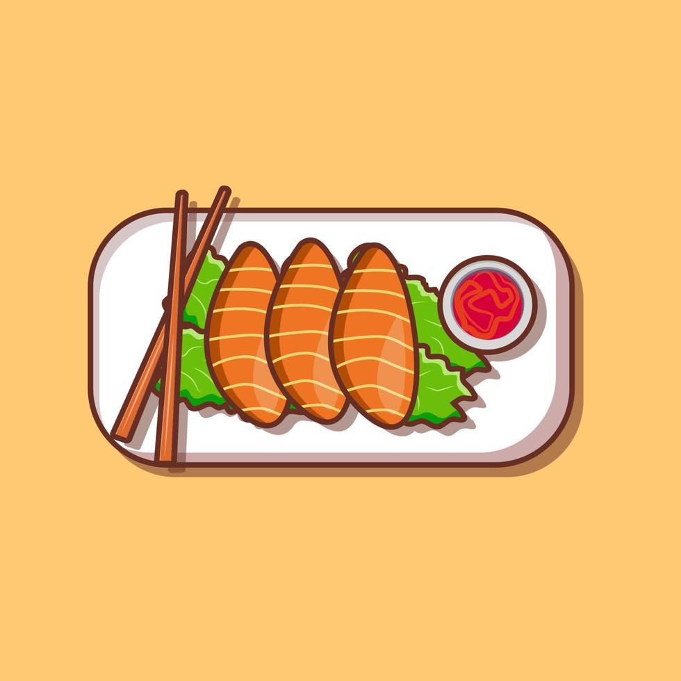 rebanada de salmón fresco con salsa y palillos ilustración y vector