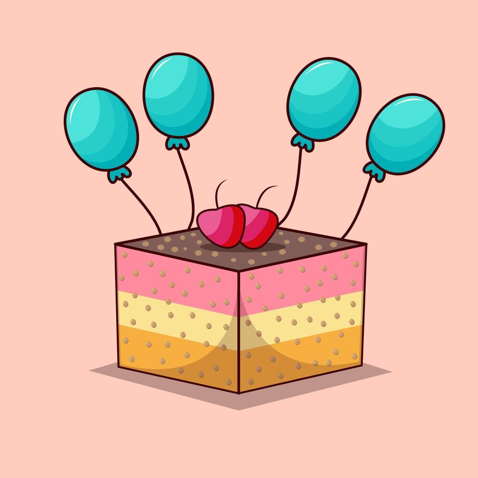 personaje de pastel con globo para vector de diseño de tarjeta de cumpleaños