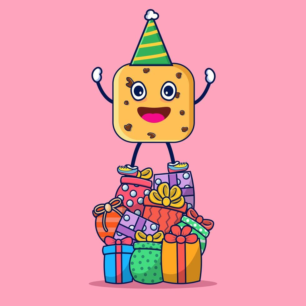 Cookies character on some presents for birthday icon vector design