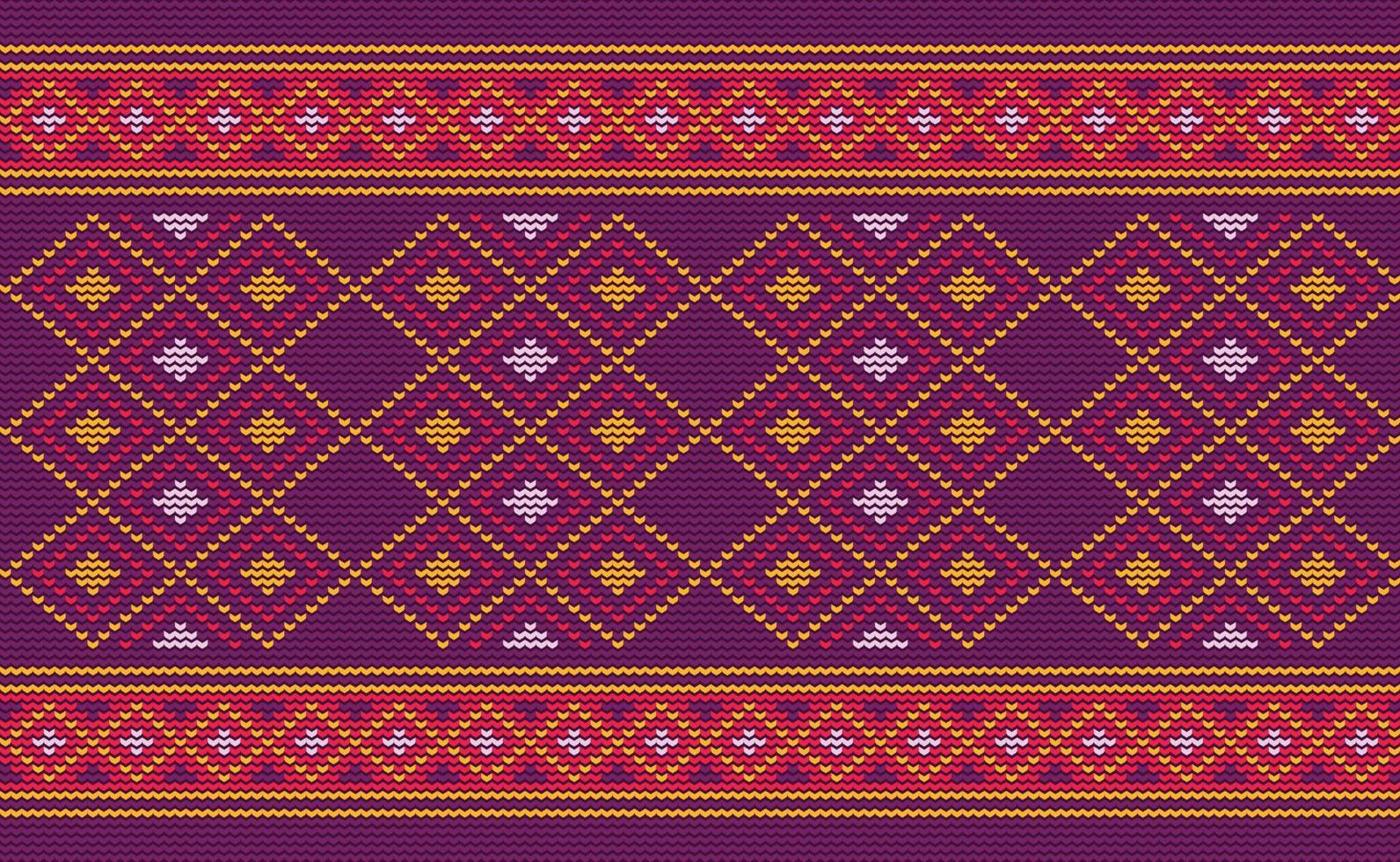 Red and Purple Embroidery Pattern, Knitted Continuous Background, Vector Cross stitch Endless retro