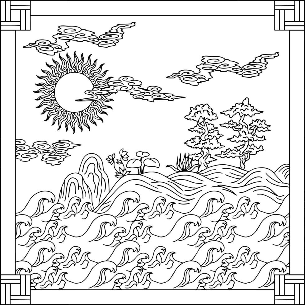 Print Design Asian Landscape Painting Outline vector