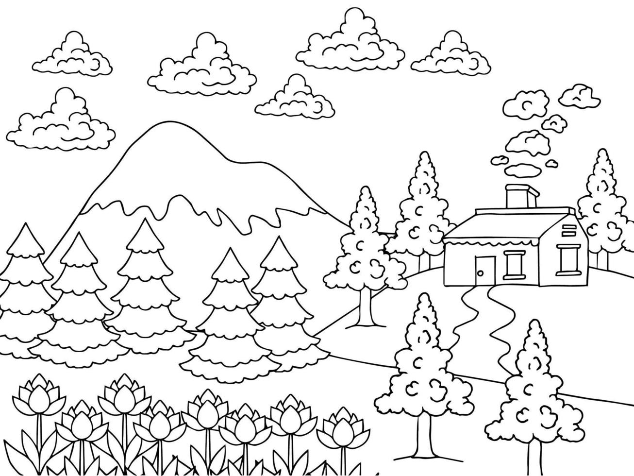 Print Design Nature Landscape Outline Coloring Page vector