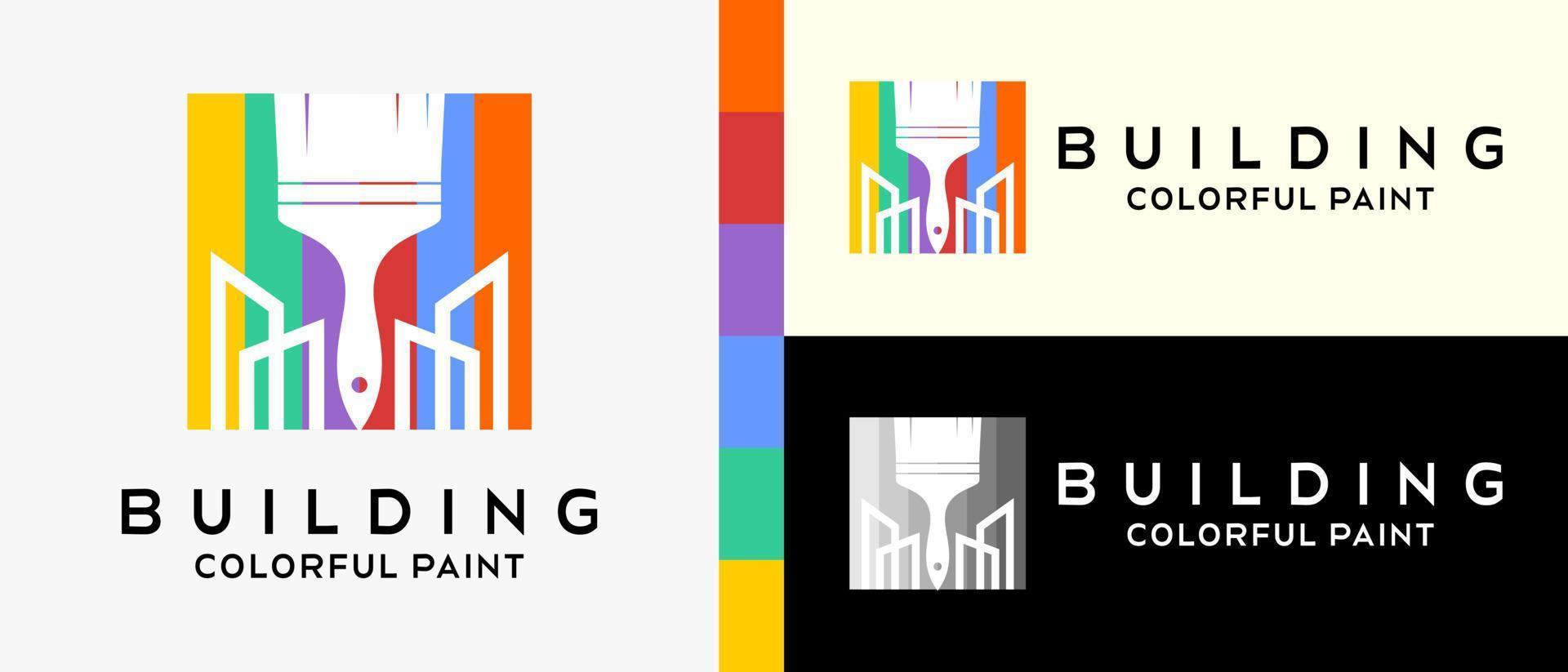 plantilla de diseño de logotipo de pintura de construcción genial. pincel con siluetas y edificios en estilo de arte en línea en el concepto de colores del arco iris. ilustración vectorial de un logotipo para pintura mural o de construcción. vector