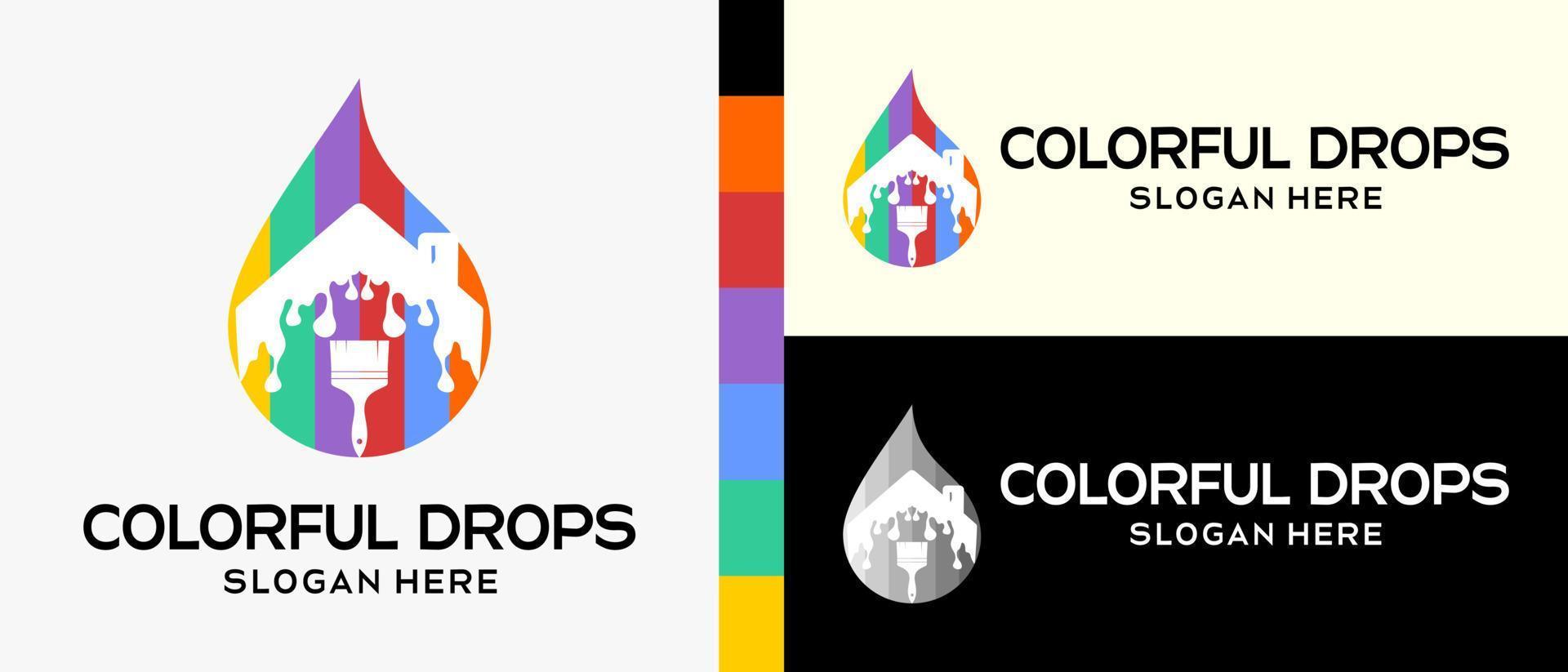 plantilla de diseño de logotipo de pintura de construcción fresca. pincel y casa con silueta en concepto de gotas de agua de color arco iris. ilustración vectorial de un logotipo para pintura mural o de construcción. vector premium