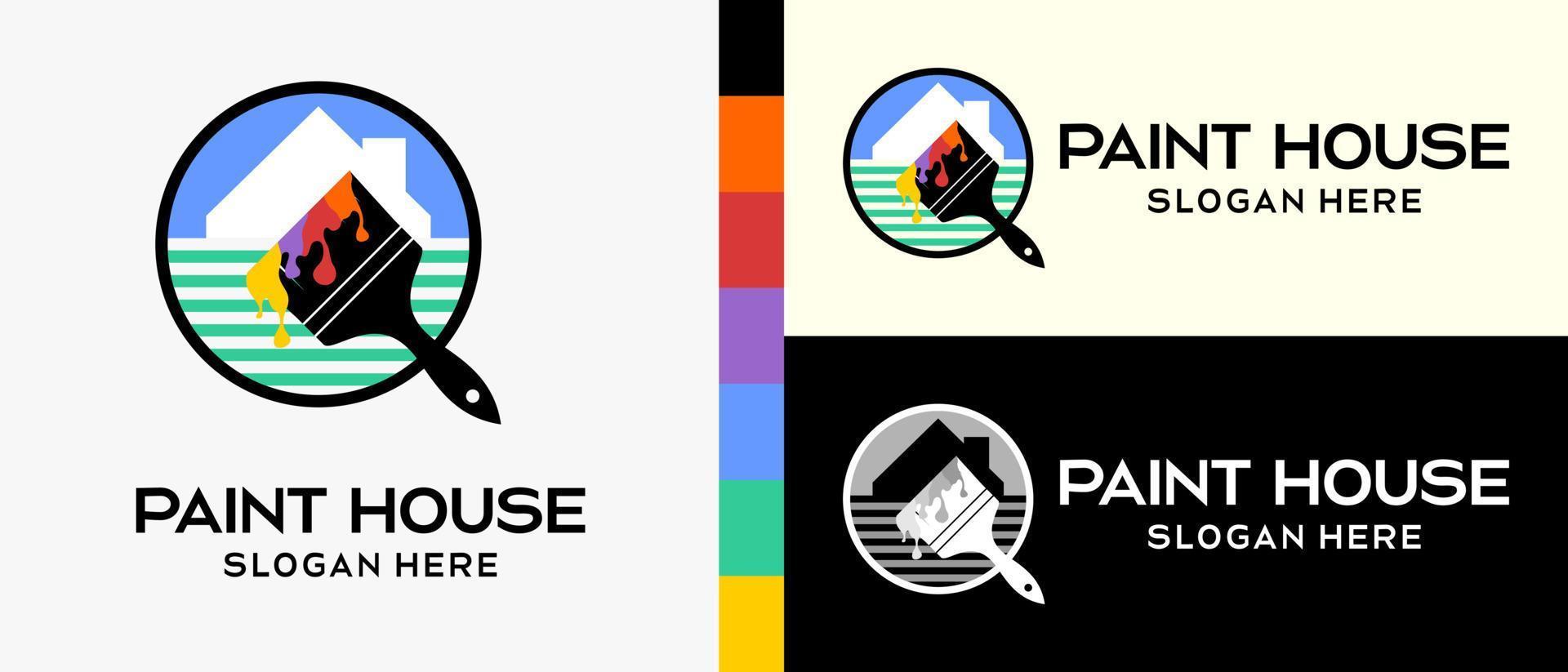 cool building paint logo design template. paintbrush with silhouette and house icon in circle. vector illustration of a logo for wall or building paint. Premium Vector