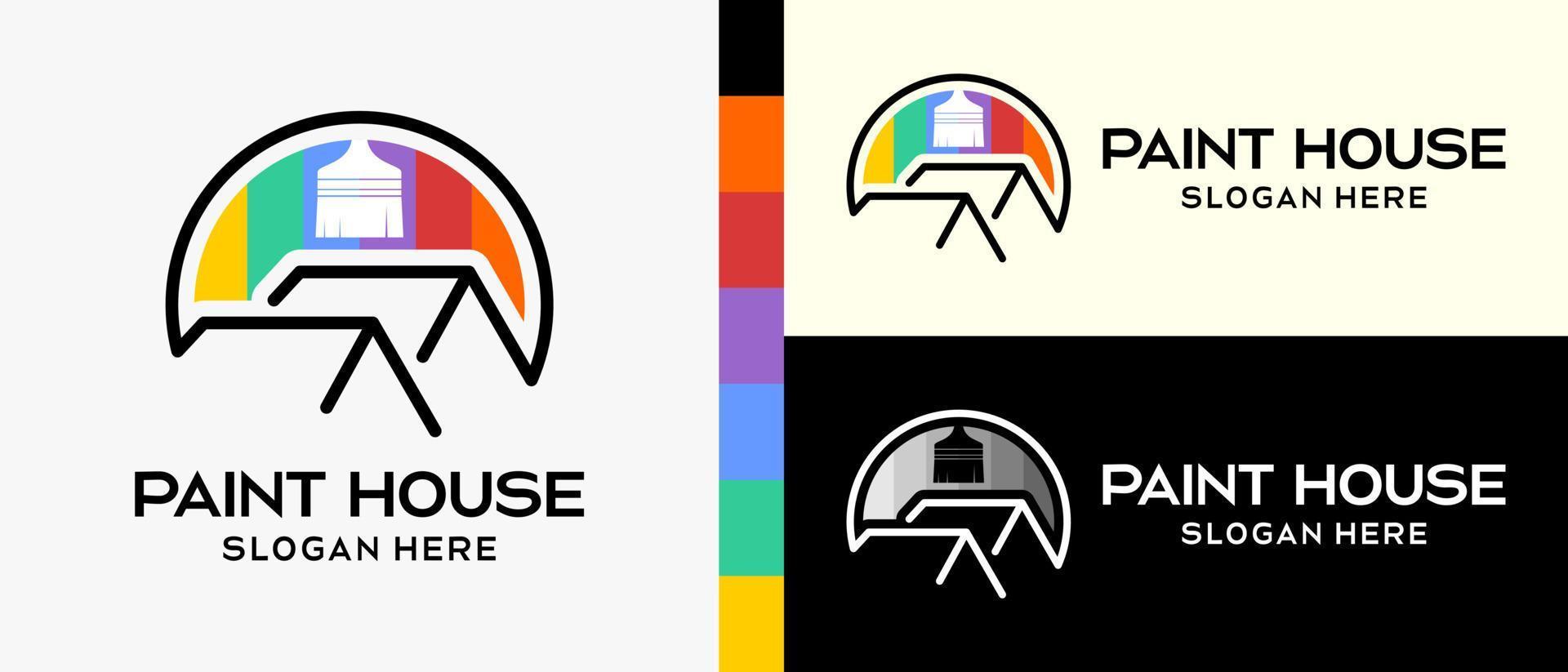 cool building paint logo design template. paintbrush with silhouette and house icon in line art style. vector illustration of a logo for wall or building paint. Premium Vector