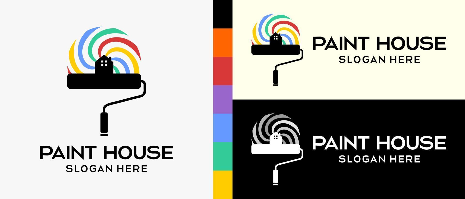 cool building paint logo design template. Roller brush with silhouette and house icon in rainbow swirl elements. vector illustration of a logo for wall or building paint. Premium Vector