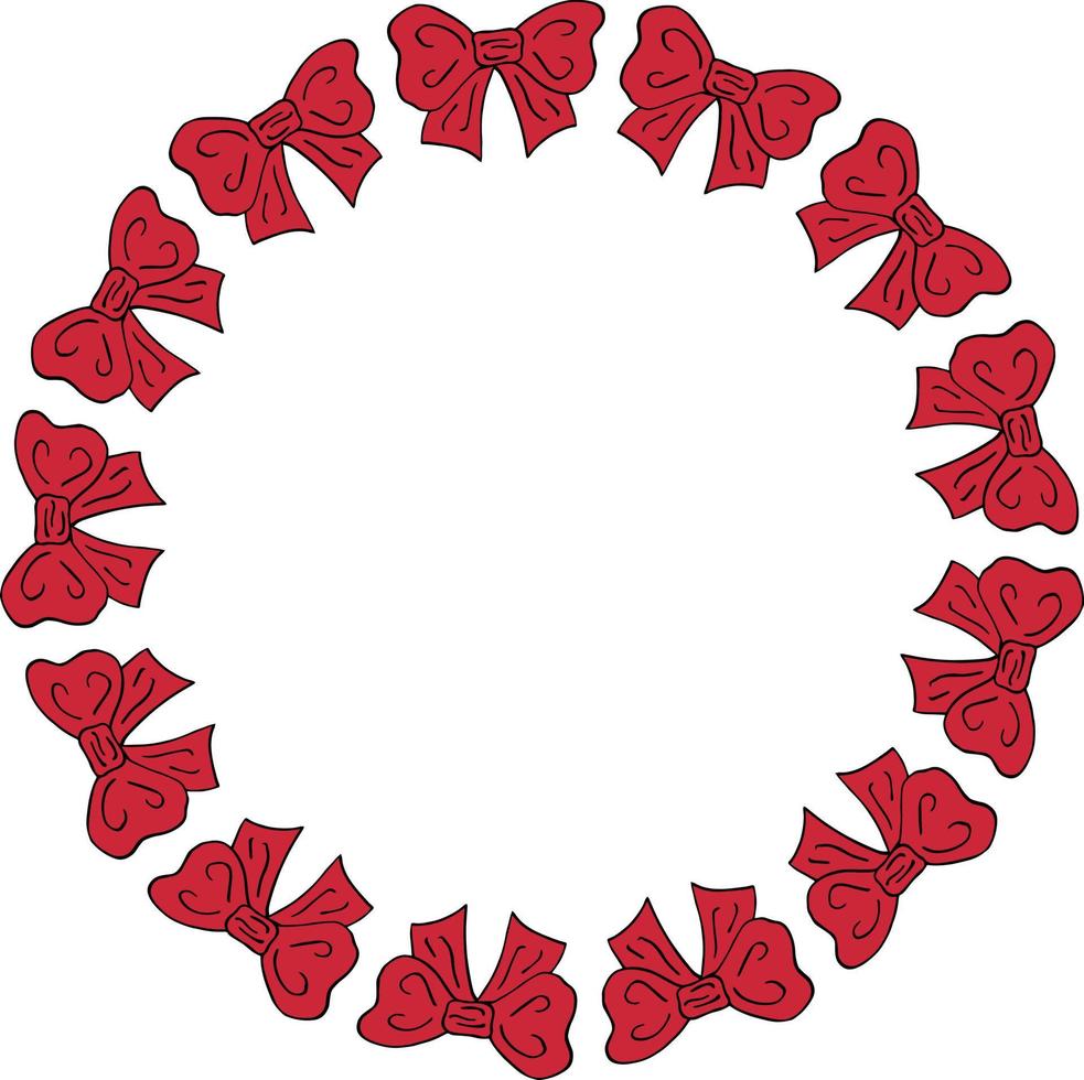 Round frame with cute red bow on white background. Vector image.