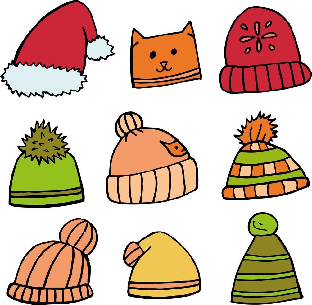 Winter hats on white background. Doodle style. Vector image.