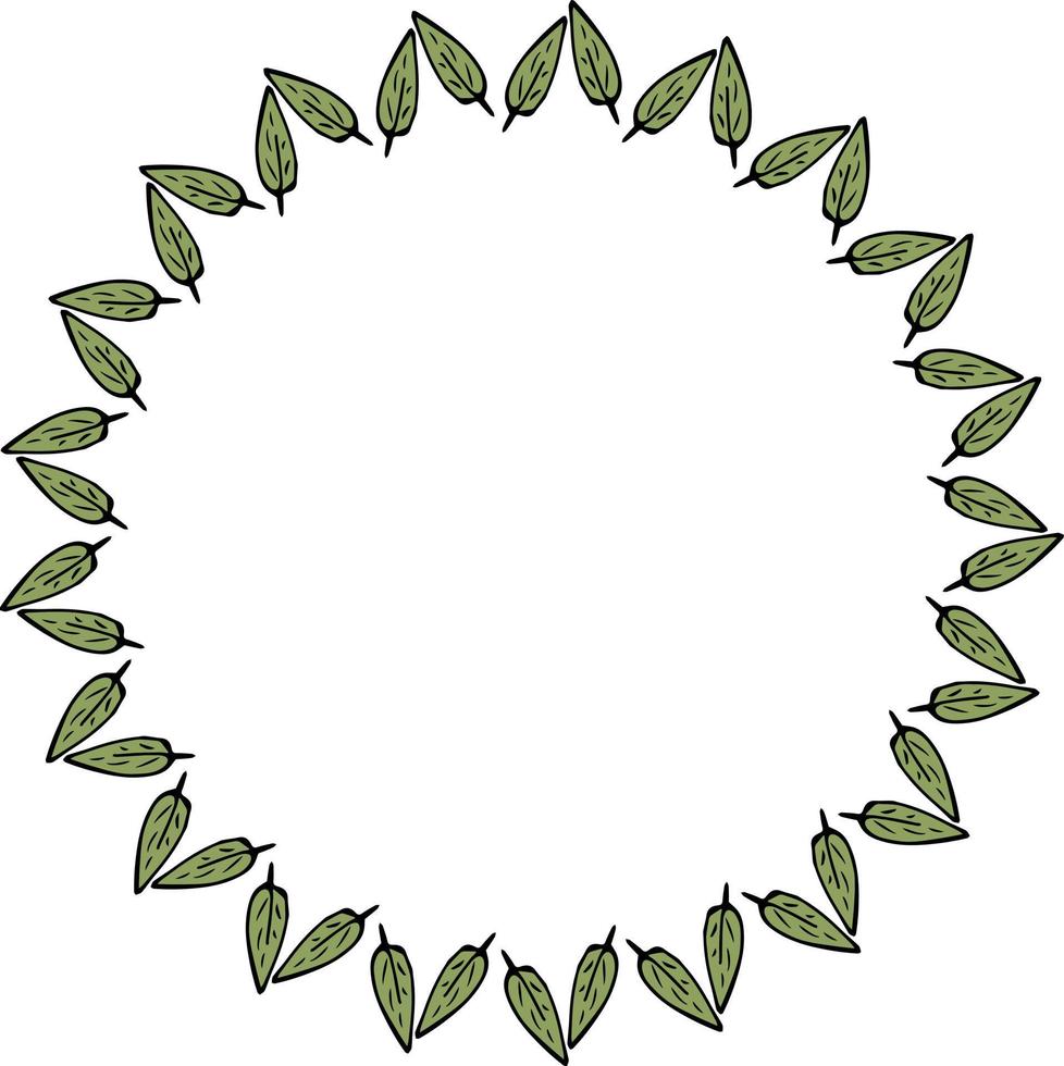 Round frame with decorative green leaves on white background. Vector image.