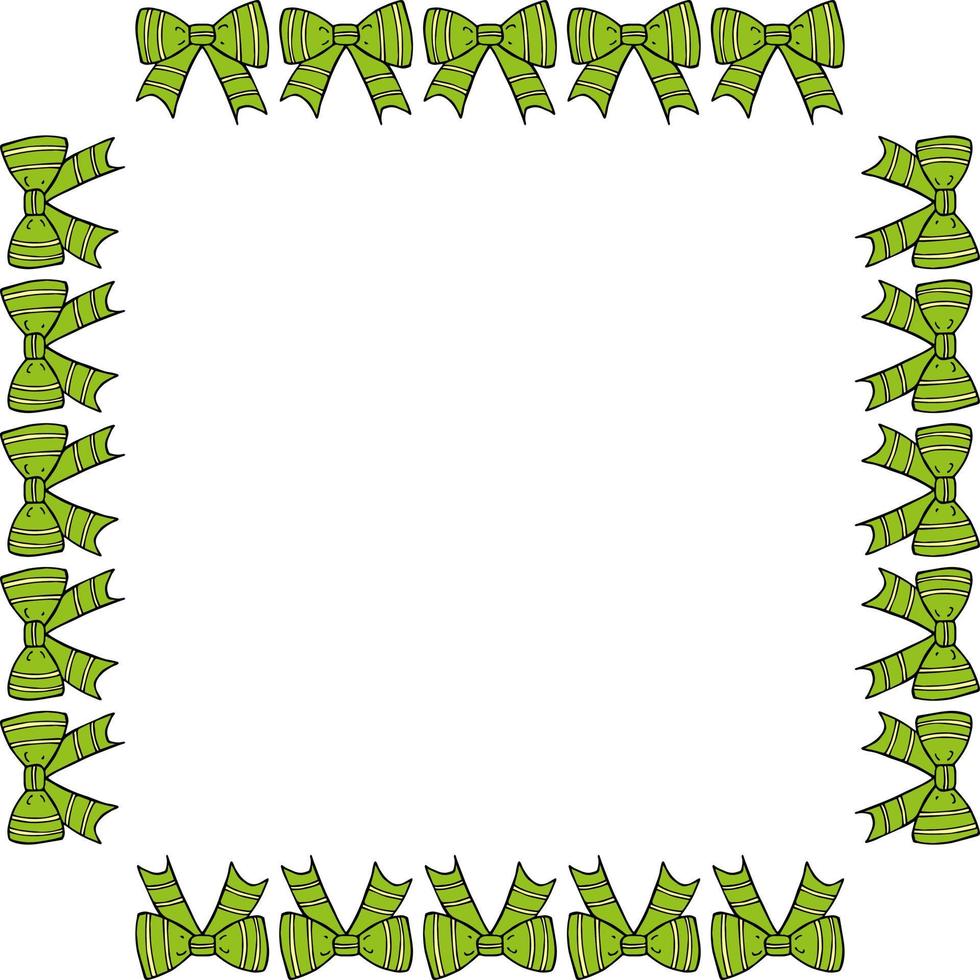 Square frame with cute green bow on white background. Vector image.