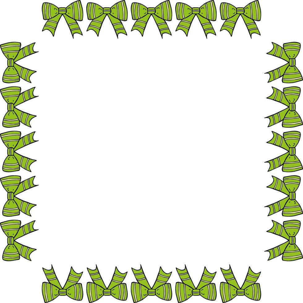 Square frame with cute green bow on white background. Vector image.