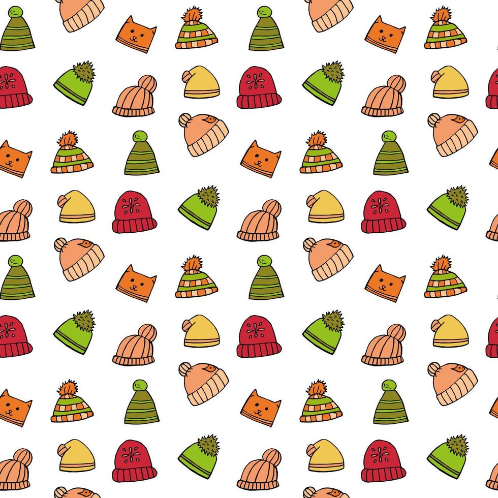 Seamless pattern with different winter hats on white background. Doodle style. Vector image.