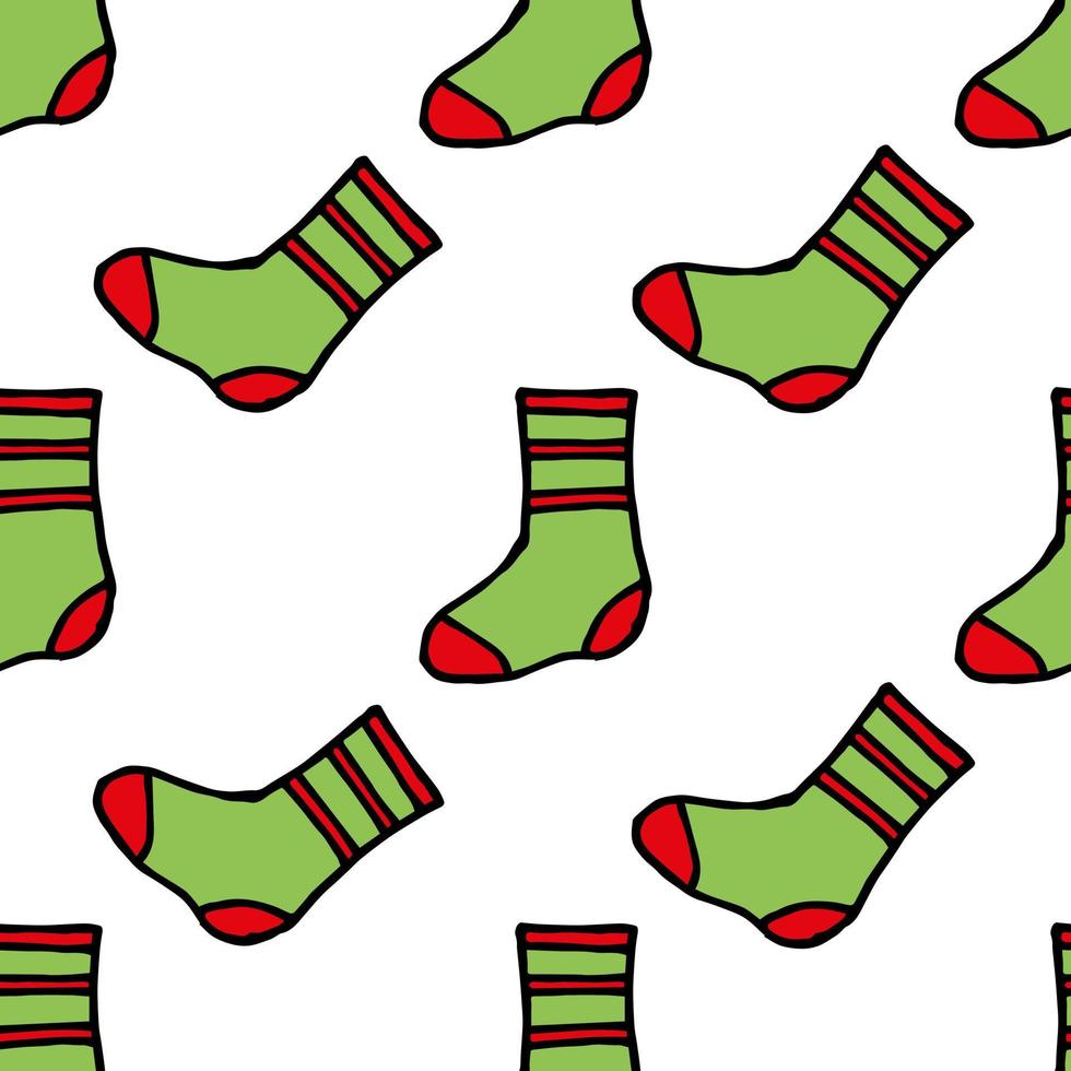 Seamless pattern with creative red and green socks on white background. Vector image.
