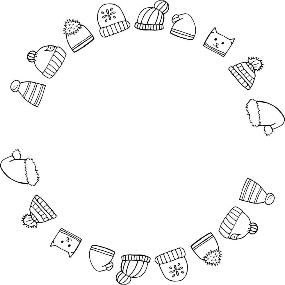 Round frame with black-and-white winter hats on white background