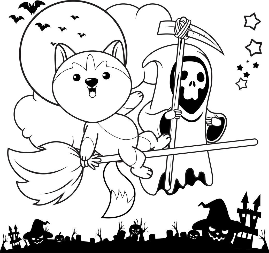 Halloween coloring book with cute husky vector