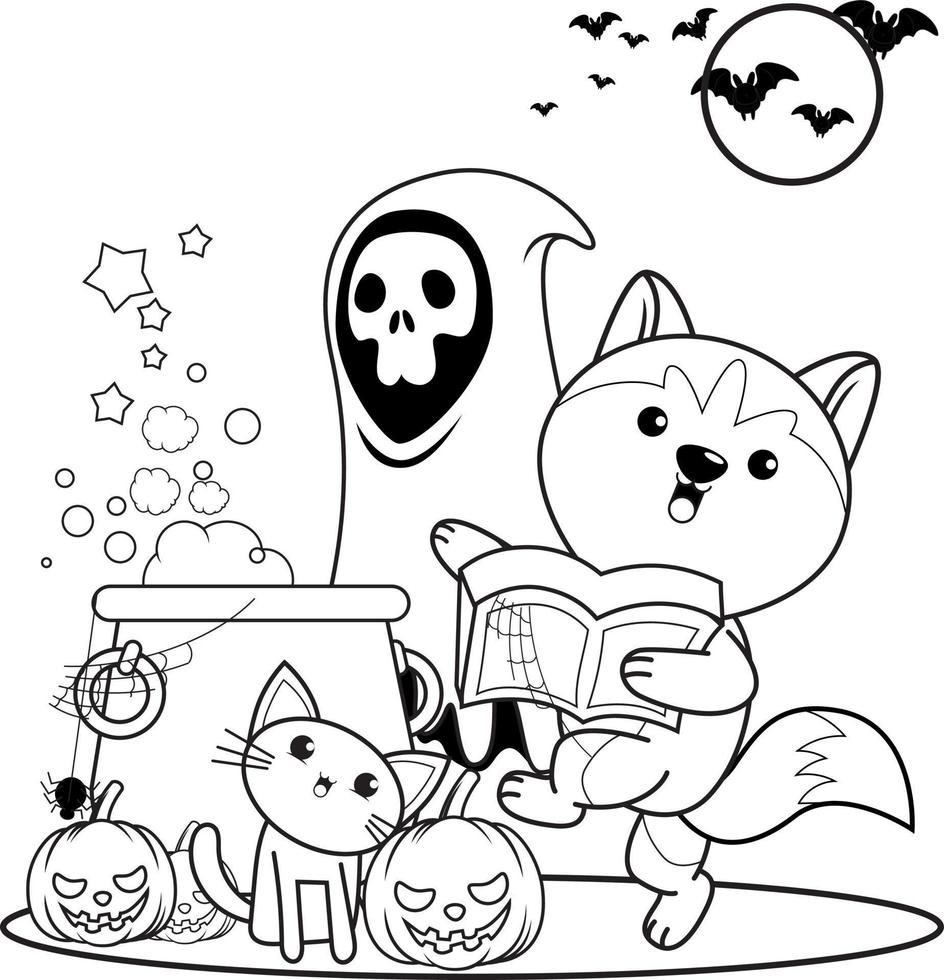 Halloween coloring book with cute husky vector