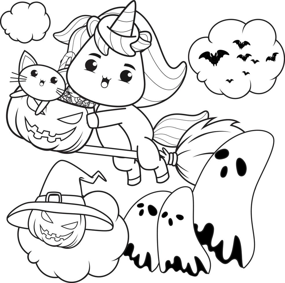 libro para colorear de halloween con lindo unicornio vector